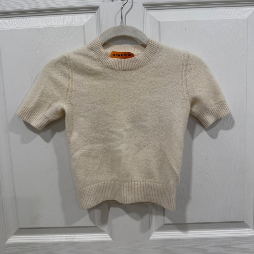 Guest In Residence Cream 100% Cashmere Short Sleeve Knit Sweater XS (tiny)